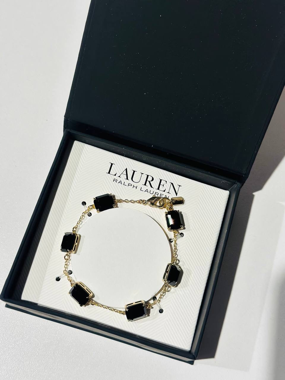 Ralph Lauren Gold-Tone Square Stone & Fine Chain Link Bracelet