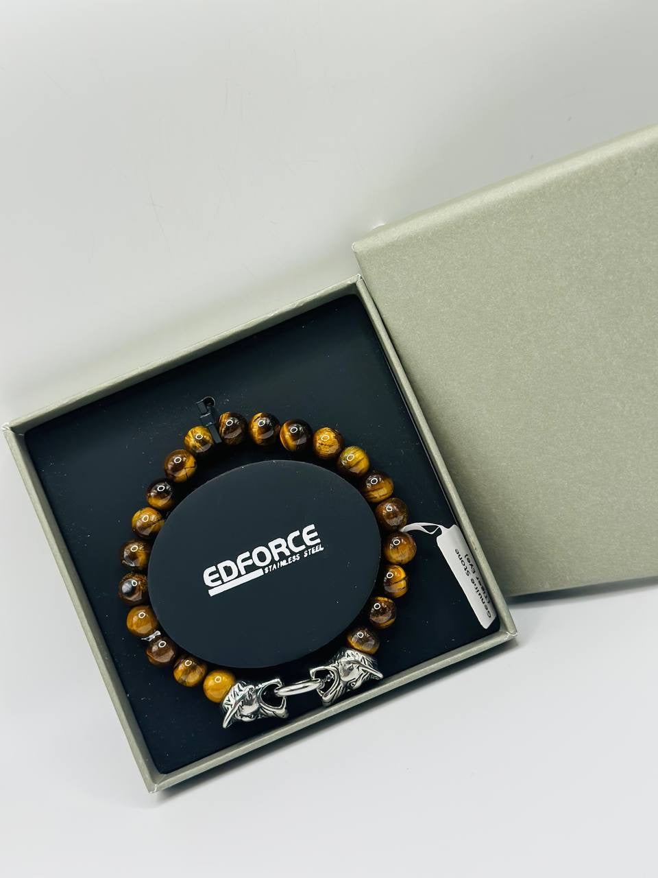 Edforce Stainless Steel Tiger Eye Beaded Bracelet with Lion Head Accents