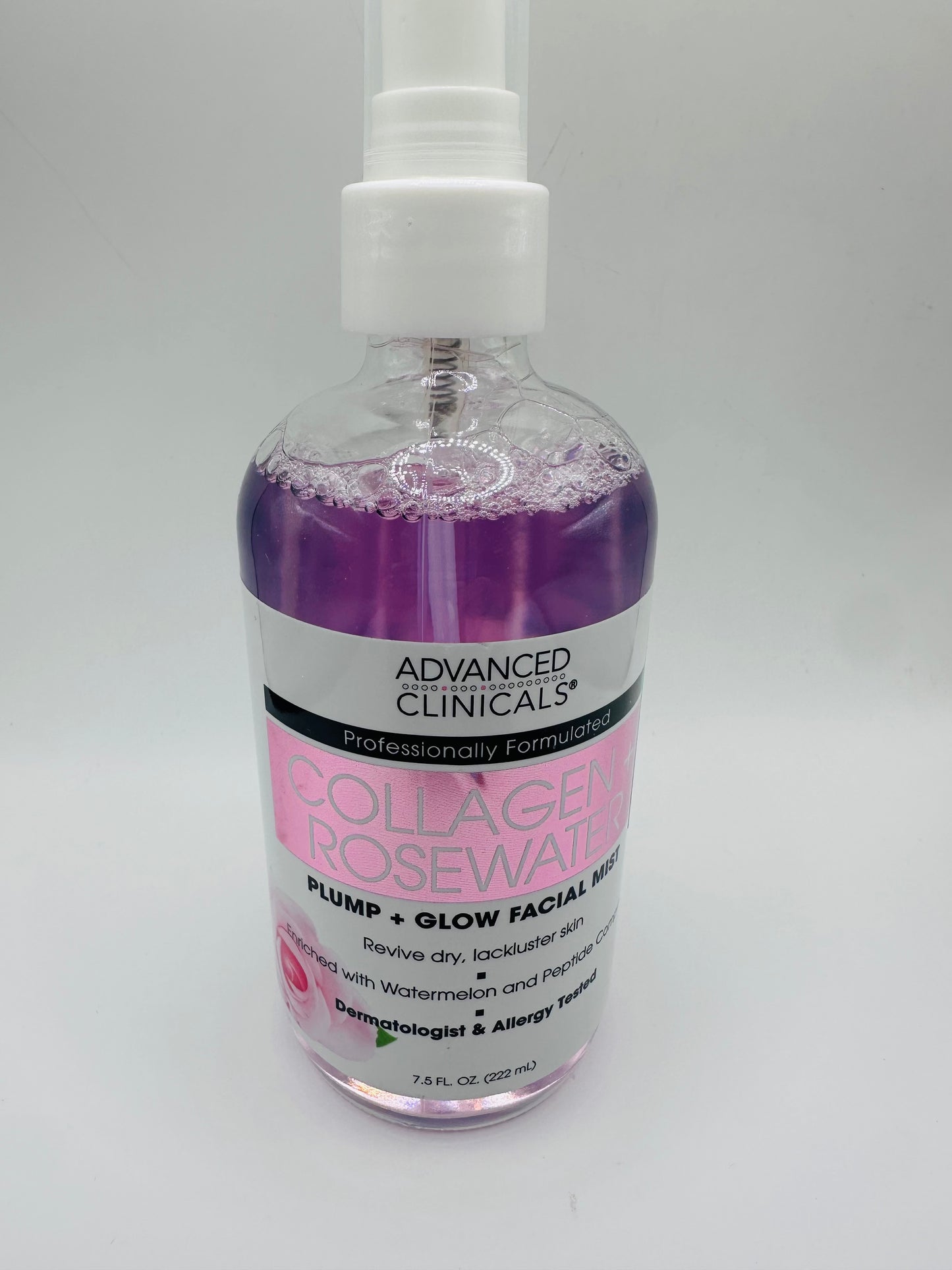 Advanced Clinicals Collagen + Rosewater Plump + Glow Facial Mist, a skincare product designed to hydrate and revitalize dry, dull skin