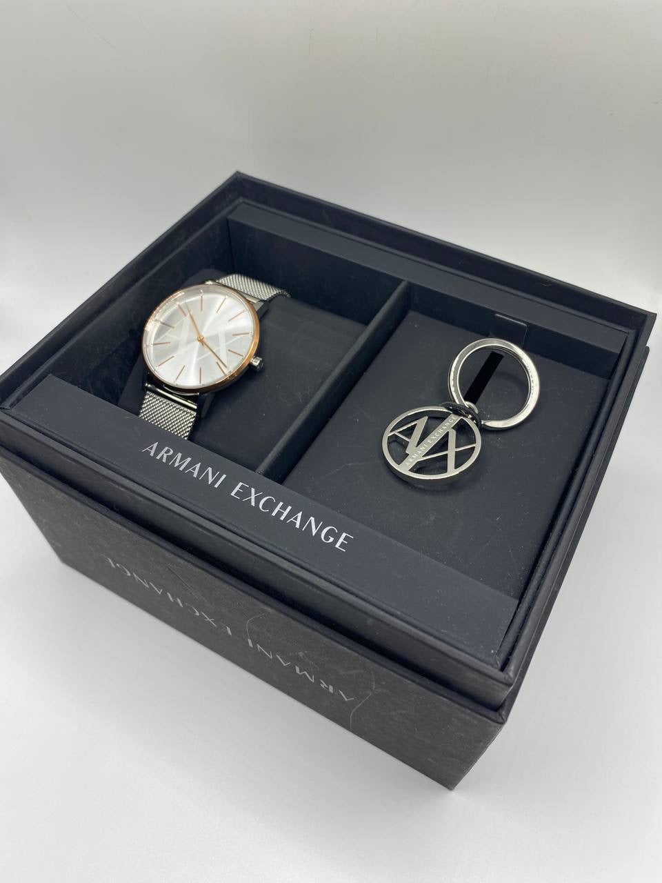 Armani Exchange Three-Hand Stainless Steel Watch and Key Ring Set
