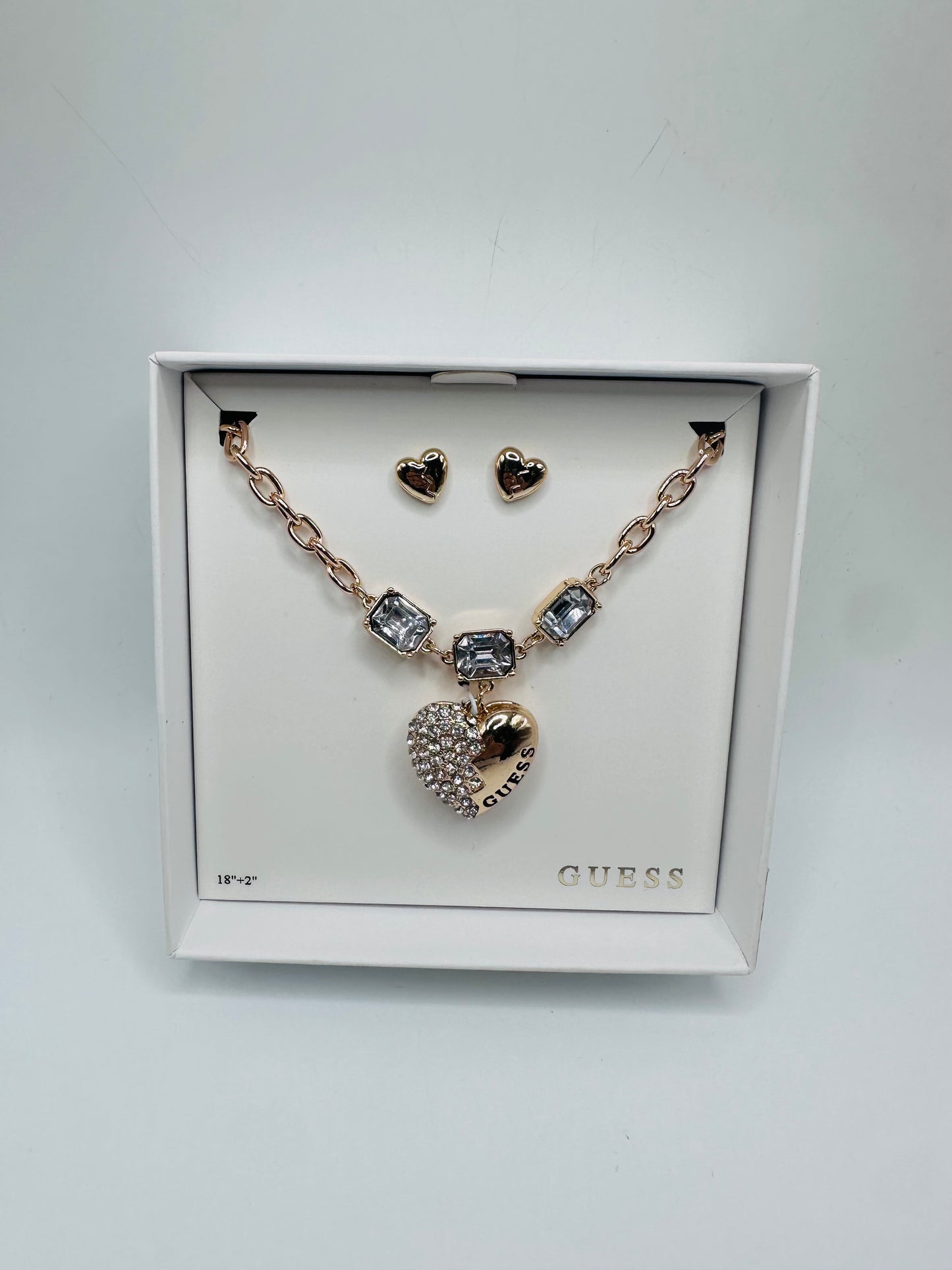 Guess gold-tone square link chain necklace and heart stud earring set