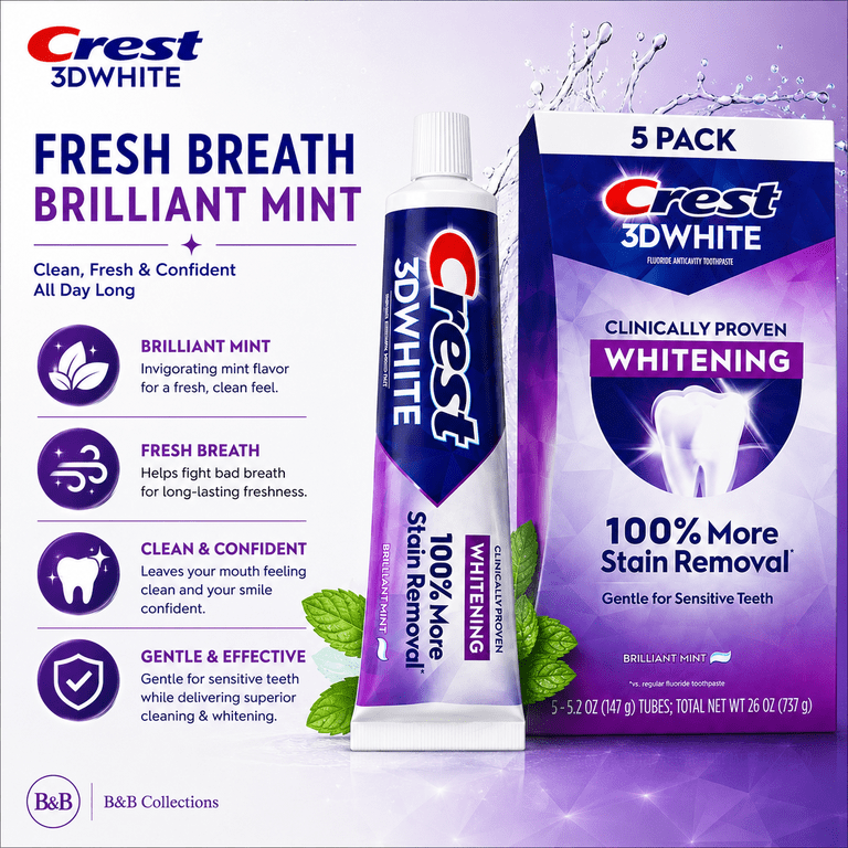 Crest 3D White Clinically Proven Whitening Toothpaste, Brilliant Mint