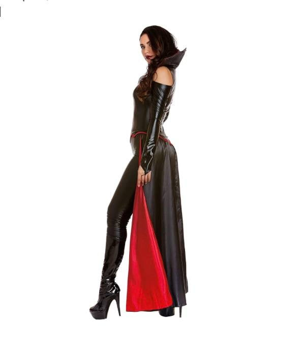 Dreamgirl Princess of Darkness vampire costume for women featuring a sleek zip-front liquid jumpsuit with a classic vampire collar and an attached skirt size large