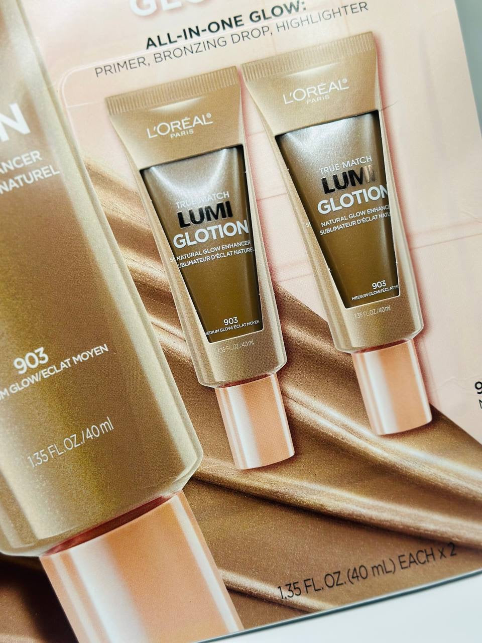 LoReal lumi glotion all in one glow primer- bronzer drop - highlighter