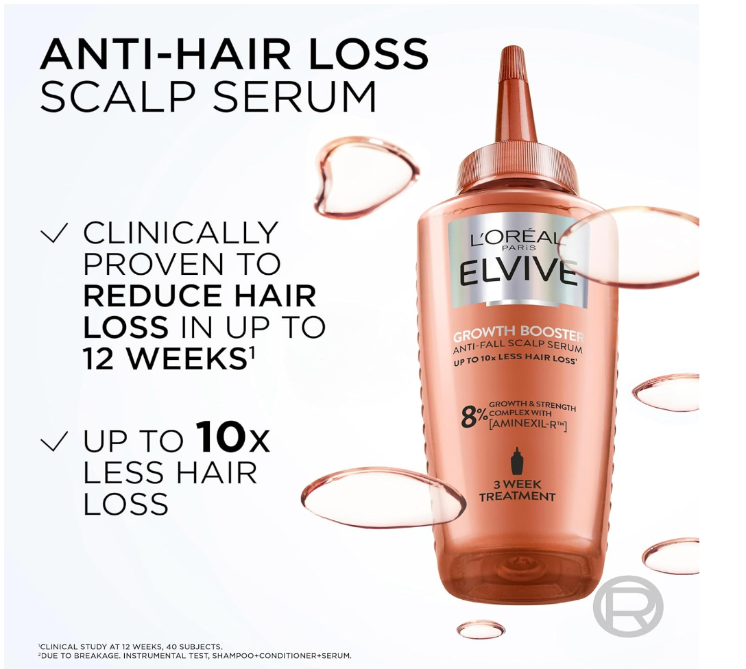 L'Oreal Paris Elvive Growth Booster Scalp Serum, Anti Hair Loss Scalp Treatment, with Aminexil, Nianimacide and Ginger Extract, Reduces Hair Loss