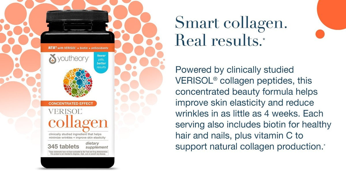 youtheory Concentrated Effect Verisol Collagen, 345 Count Supports Skin, Hair