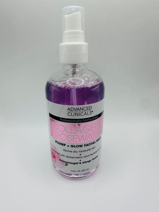Advanced Clinicals Collagen + Rosewater Plump + Glow Facial Mist, a skincare product designed to hydrate and revitalize dry, dull skin