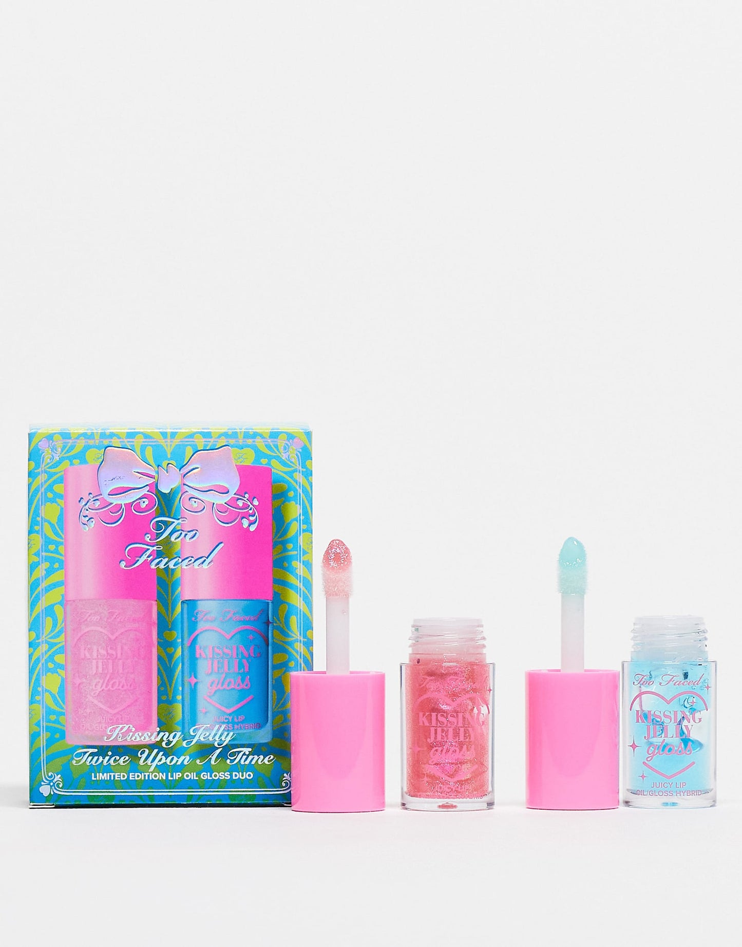 Too Faced Kissing Jelly Twice Upon A Time Limited Edition Lip Oil Gloss Duo includes two full-size hydrating lip oil-gloss hybrids in shades Bubblegum and limited-edition Blue Snow Cone.