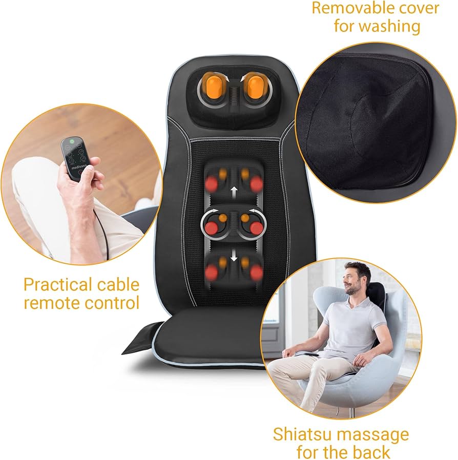 Medisana MCN Shiatsu Massage Seat Cover, designed to provide intensive massage, spot massage, and gentle heat for the back and neck