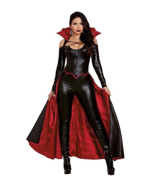 Dreamgirl Princess of Darkness vampire costume for women featuring a sleek zip-front liquid jumpsuit with a classic vampire collar and an attached skirt size large