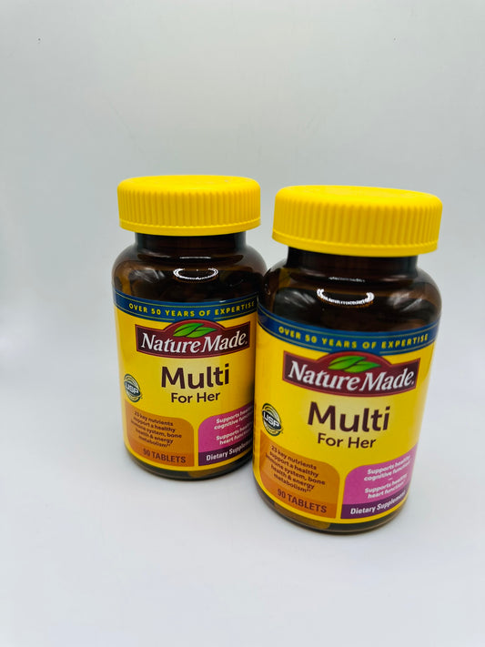 Nature Made Multi For Her support a healthy immune system, bone health, energy metabolism, healthy cognitive function, and heart function