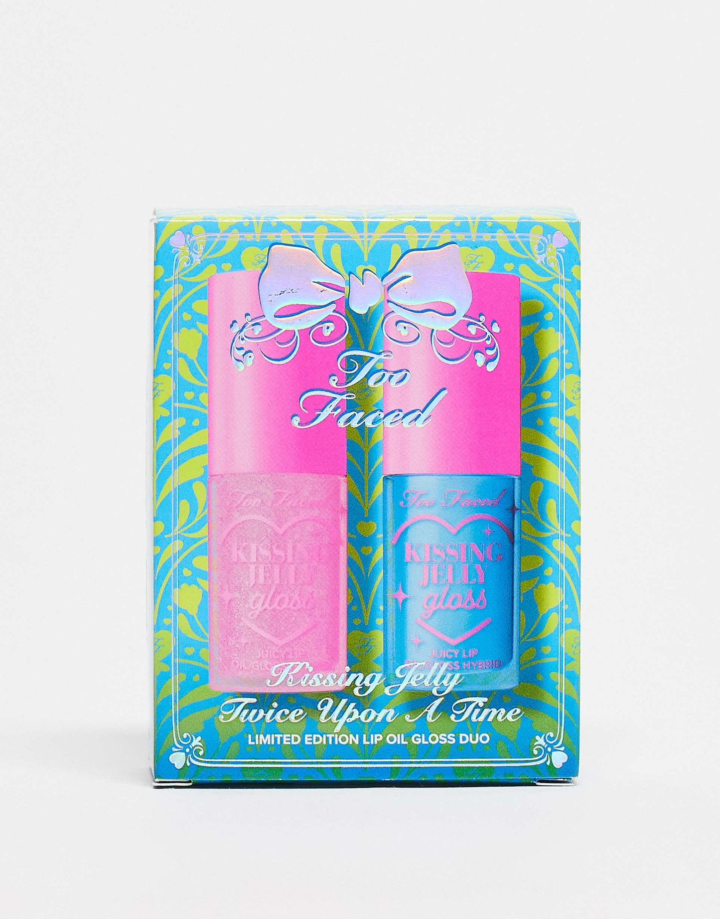 Too Faced Kissing Jelly Twice Upon A Time Limited Edition Lip Oil Gloss Duo includes two full-size hydrating lip oil-gloss hybrids in shades Bubblegum and limited-edition Blue Snow Cone.