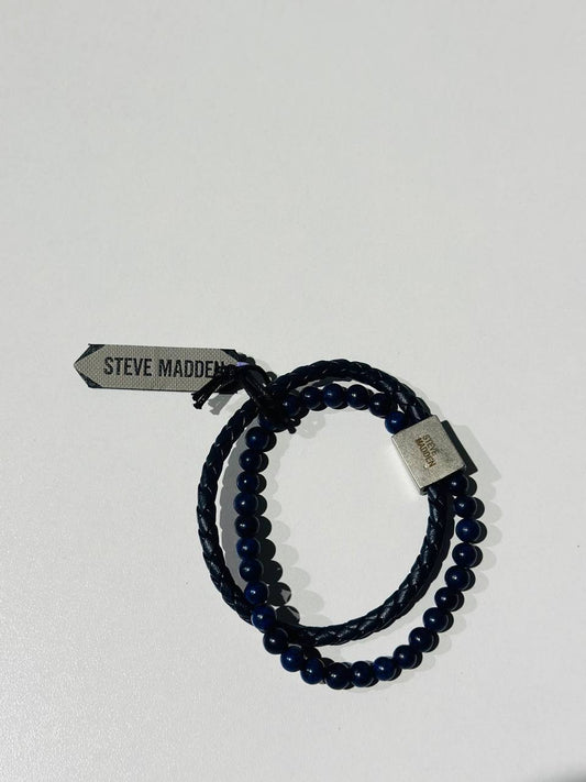 a Steve Madden men's bracelet featuring blue beads and a braided leather strap