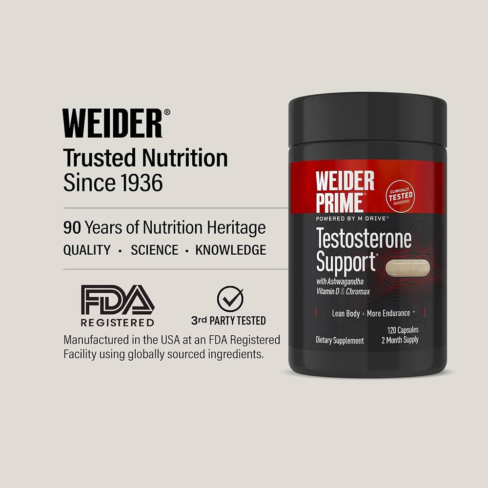 Weider Prime Testosterone Booster, Men's Health Supplement, 120 Capsules