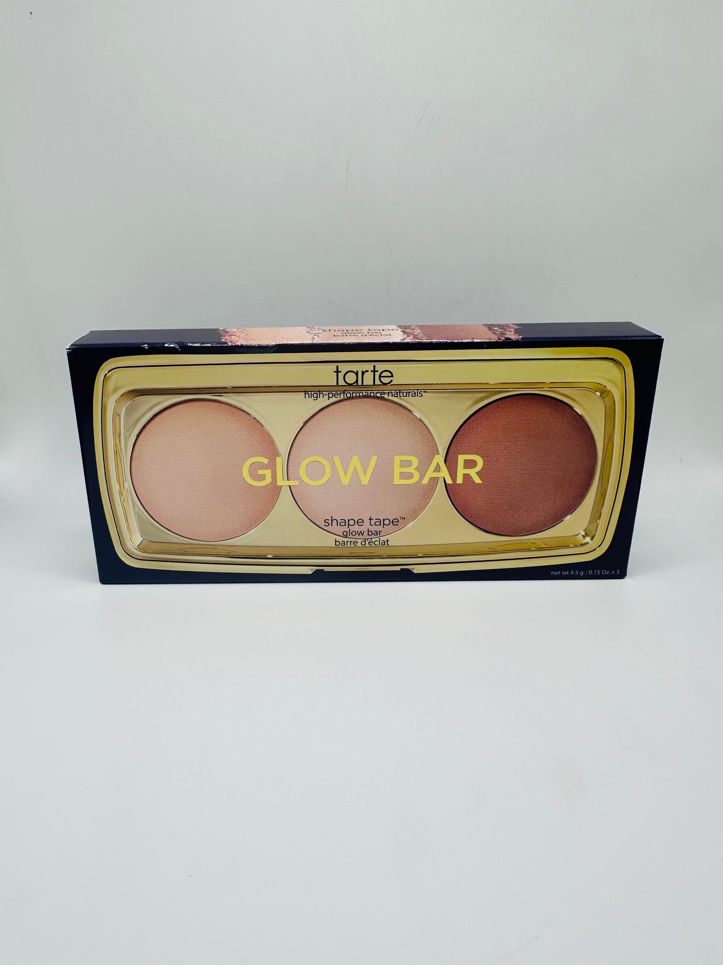 Tarte Shape Tape Glow Bar palette featuring three universal shades: Champagne Blur, Bronze Glow, and Sunlit Glow
