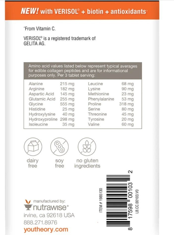 youtheory Concentrated Effect Verisol Collagen, 345 Count Supports Skin, Hair