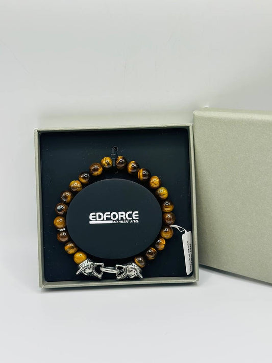 Edforce Stainless Steel Tiger Eye Beaded Bracelet with Lion Head Accents