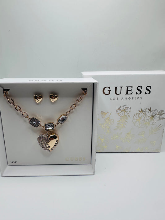 Guess gold-tone square link chain necklace and heart stud earring set
