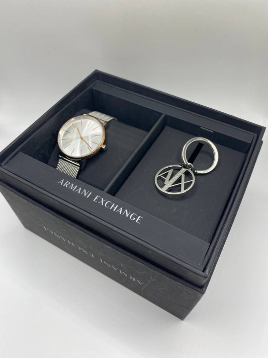 Armani Exchange Three-Hand Stainless Steel Watch and Key Ring Set