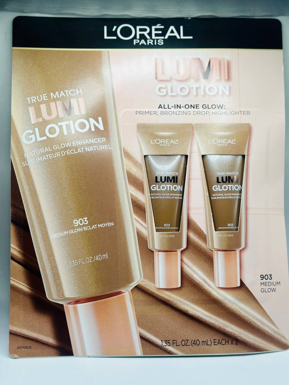 LoReal lumi glotion all in one glow primer- bronzer drop - highlighter