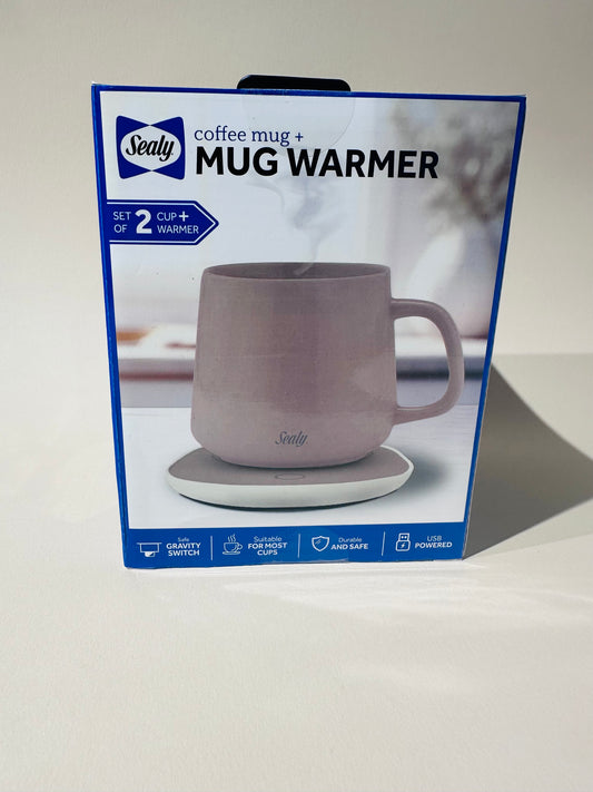 Sealy Coffee Mug Warmer with a mug, a USB-powered set designed to keep beverages warm