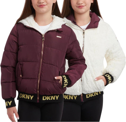 Dkny Girls Hooded Reversible Puffer Jacket with a faux fur lining