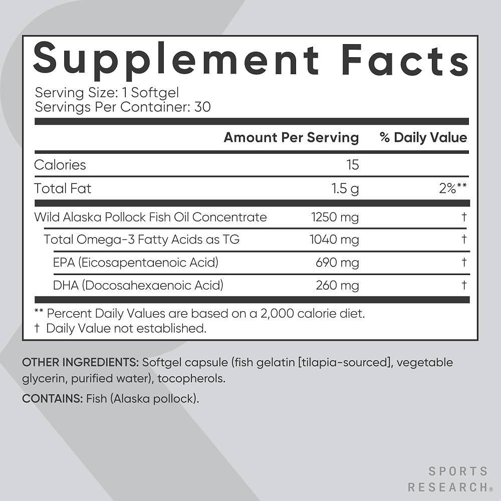 Sports Research Omega-3 Fish Oil 1250mg from Wild Alaska Pollock, 30 softgels