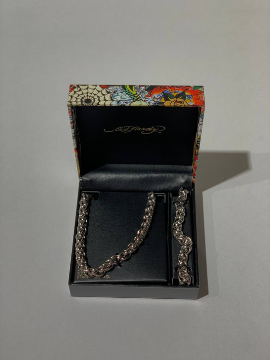 Ed Hardy stainless steel chain necklace and bracelet jewelry set