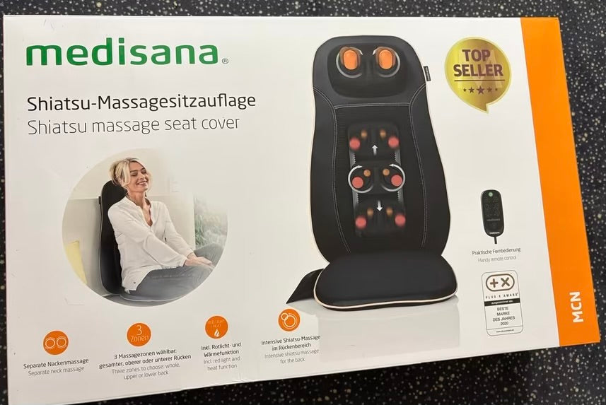 Medisana MCN Shiatsu Massage Seat Cover, designed to provide intensive massage, spot massage, and gentle heat for the back and neck