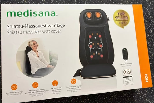 Medisana MCN Shiatsu Massage Seat Cover, designed to provide intensive massage, spot massage, and gentle heat for the back and neck
