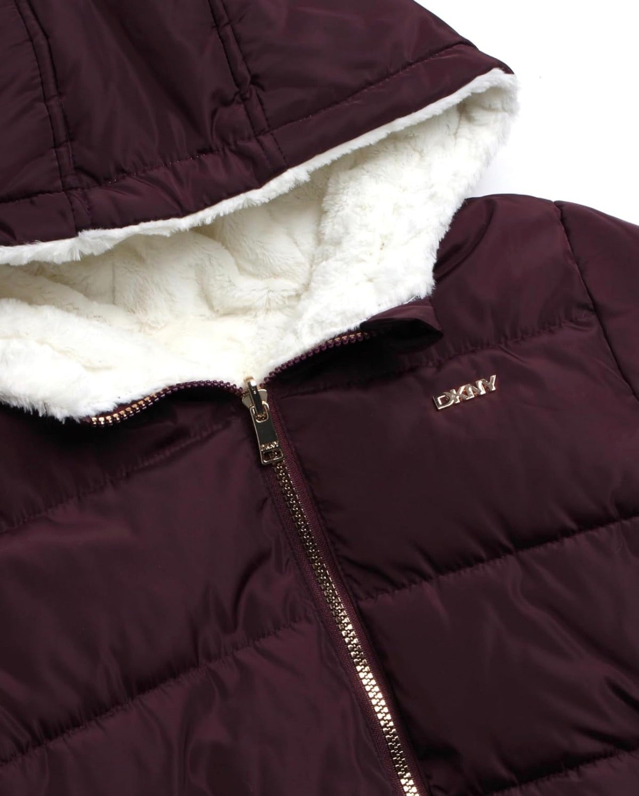 Dkny Girls Hooded Reversible Puffer Jacket with a faux fur lining
