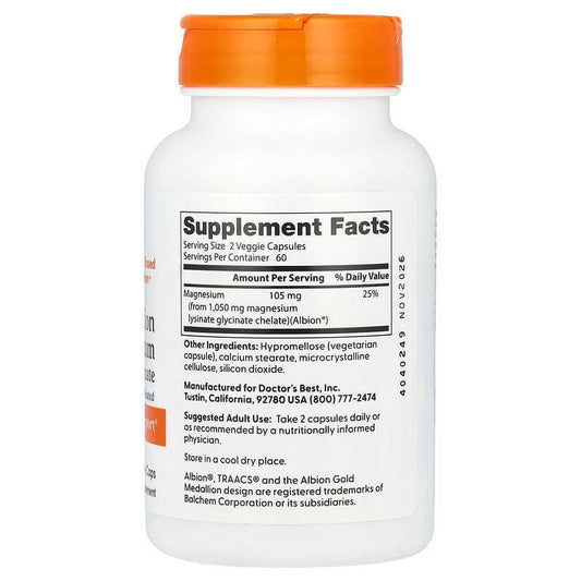 Doctor's Best High Absorption Magnesium Glycinate Lysinate (120 Veg Caps ), 105 mg per serving