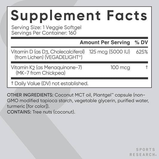 Sports Research Plant-Based D3 + K2 (160 Veggie Softgels)