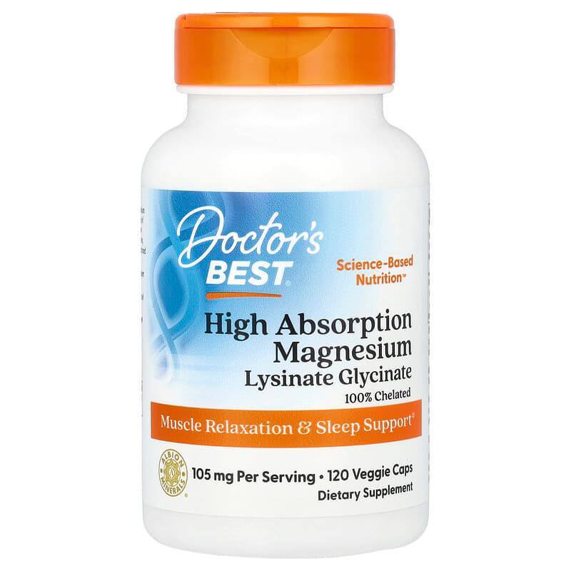 Doctor's Best High Absorption Magnesium Glycinate Lysinate (120 Veg Caps ), 105 mg per serving