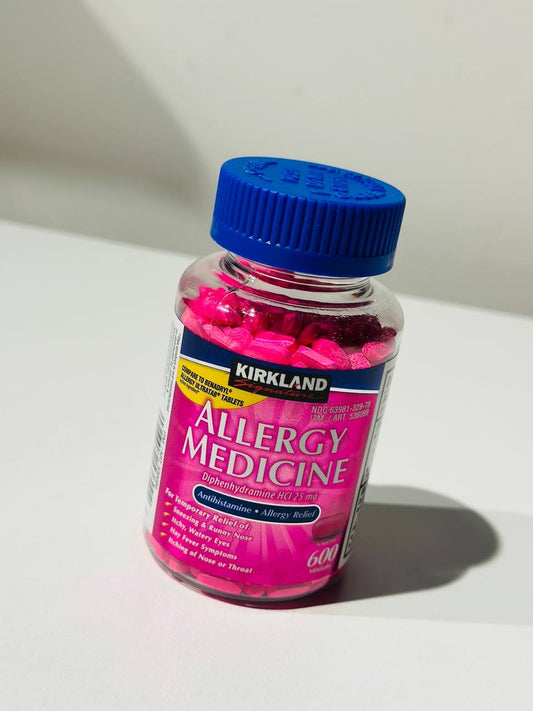 Kirkland Signature Allergy Medicine, an antihistamine containing 25 mg of Diphenhydramine HCl per tablet. It is used for the temporary relief of symptoms associated with hay fever and other upper respiratory allergies